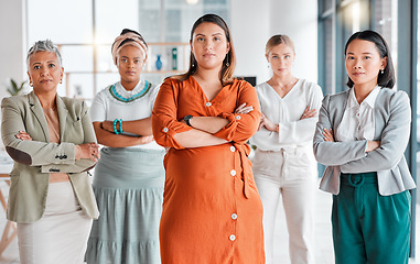 Image showing Diversity, portrait and proud professional women with teamwork, global career and group empowerment in office. Vision of asian, black woman and senior business people or employees with company goals