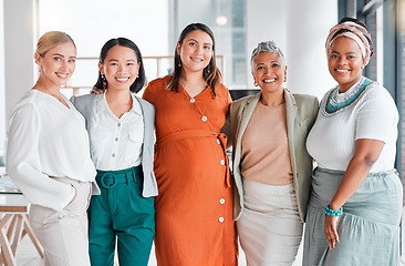 Image showing Business women only, portrait and diversity in office teamwork, inclusion and team building empowerment. Happy asian, african and senior manager with pregnant woman for support, goals and job success