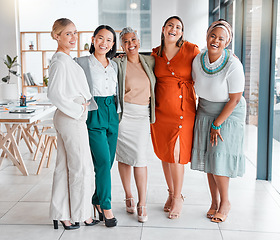 Image showing Business people, women in portrait and diversity in team, collaboration and corporate group, success and laugh. Happy, work together and professional, motivation with trust, support and solidarity