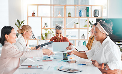 Image showing Collaboration, teamwork or documents with business people in meeting for company growth, strategy review or teamwork in office. Group of startup women for SEO, schedule or planning calendar research