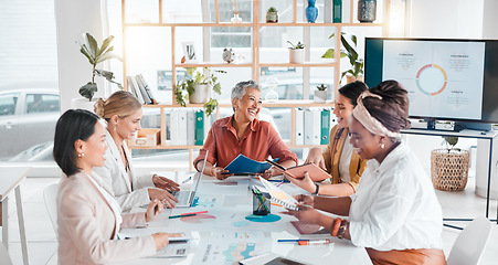 Image showing Laughing, teamwork or consulting business people with documents in meeting for company growth, strategy review or teamwork. Group of startup women for SEO, schedule or planning calendar research