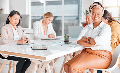 Image showing Leadership, smile and portrait of black woman in meeting for project management, strategy and planning. Happy, teamwork and vision with employee in office for creative, diversity and business startup