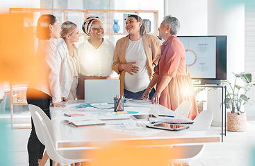 Image showing Happy, diversity or team of women in business meeting for collaboration, communication or networking in office. Motivation, strategy or group of employee for brainstorming, creative idea or planning