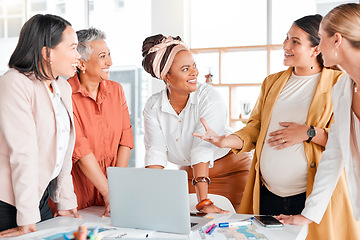 Image showing Pregnant, business women brainstorming in meeting for company growth, research or strategy review in office. Happy, teamwork or startup employee smile for SEO idea, KPI schedule or planning calendar