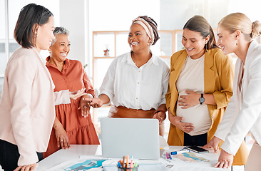 Image showing Business women brainstorming in meeting on laptop for company growth, research or strategy review in office. Happy, teamwork or startup employee smile for SEO idea, KPI schedule or planning calendar