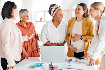Image showing Laughing, business women or startup brainstorming in meeting for company growth, research or strategy review in office. Happy, teamwork or friends smile for comic joke, discussion or conversation