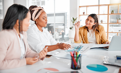 Image showing Reading charts, teamwork or business people in meeting for company growth, strategy review or innovation thinking in office. Group of startup women for SEO, schedule or planning calendar research