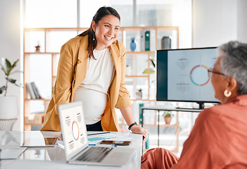 Image showing Startup, pregnant woman or business meeting in office for company growth, strategy review or teamwork. Collaboration, happy leader or women with research for SEO, schedule or planning calendar KPI