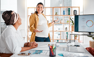 Image showing Teamwork, pregnant woman or presentation meeting for company growth, strategy review or collaboration in office. Consulting, leader or startup women group for SEO, schedule or planning calendar KPI