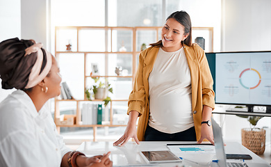 Image showing Presentation, pregnant woman or business meeting for company growth, strategy review or teamwork in office building. Thinking, leader or group of startup women for SEO, schedule or planning calendar