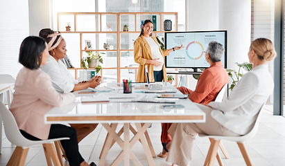 Image showing Presentation, diversity or team of women in business meeting for collaboration, communication or networking. Motivation, strategy or group of employee for SEO brainstorming, creative idea or planning