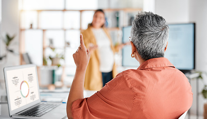 Image showing Presentation, woman question or business meeting for company growth, strategy review or teamwork in office building. Thinking, answers or elderly of startup for SEO, schedule or planning calendar