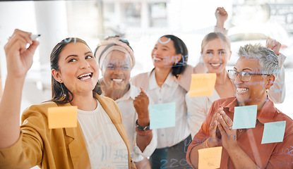 Image showing Team planning, success or woman writing a winning marketing strategy or advertising plan for business ideas. Sticky notes, meeting or excited people working on global startup project target or goals