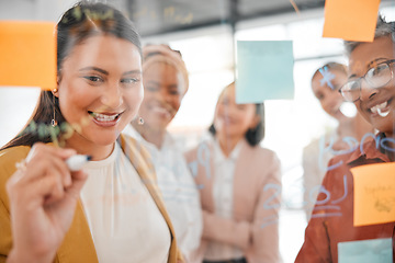 Image showing Planning, business ideas or happy woman writing a marketing strategy, advertising plan or branding solutions. Sticky notes, meeting or employees working on a global startup project or team goals