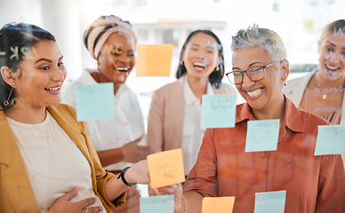 Image showing Planning, team or business women writing a marketing strategy, advertising plan or branding ideas. Sticky notes, sales meeting or happy creative people working on a global startup project goals