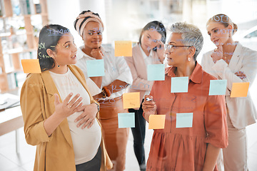 Image showing Collaboration, pregnant woman or business women planning a marketing strategy, advertising plan or branding ideas. Sticky notes, meeting or creative team writing goals for a global startup project