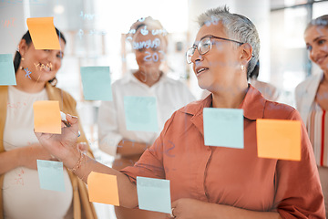 Image showing Senior, business meeting or CEO writing a marketing strategy, advertising plan or branding ideas. Sticky notes, pregnant woman or manager planning a global startup project with creative employees