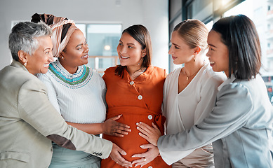 Image showing Happy, smile and pregnant woman at her baby shower with her friends to celebrate pregnancy. Happiness, excited and women supporting prenatal female with friendship on maternity leave at office party.