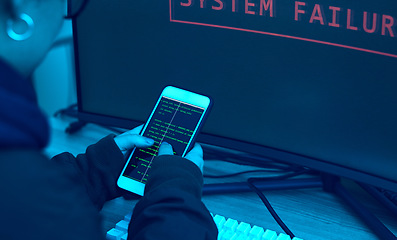 Image showing Phone screen, code and hacker hands for cybersecurity, information technology and phishing fail or safety. Hacking, digital criminal or woman with big data intel, internet crime and firewall software