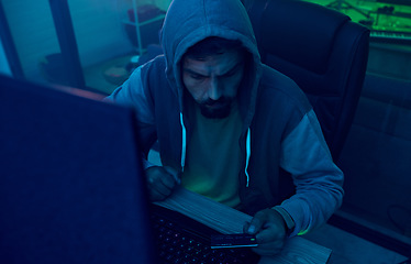 Image showing Computer, credit card or neon hacker hacking online software, fintech server or fraud password phishing. Ransomware developer, man programming cybersecurity for scam or programmer coding malware code