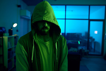 Image showing Man, hacking or dark hoodie in neon living room with cybersecurity, software programming or phishing mystery. Hacker, hood or night clothes with secret virus ideas of fraud scam, crime or theft