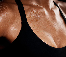Image showing Woman, sweat and chest from fitness workout or intense physical exercise in fat burn or weight loss. Sweaty female upper body in healthy cardio exercising, running or stamina training persperation