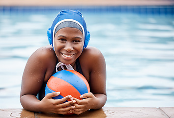 Image showing Portrait, water polo or happy black woman in swimming pool for exercise, workout or practice in sports fitness. Relax, ball or healthy African girl swimmer with motivation, smile or training goals