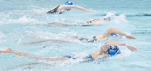 Image showing Swimming, water and race with a sports woman group in a pool for fitness, training or competition. Workout, exercise and swimmer with an athlete team racing for cardio or endurance during a swim