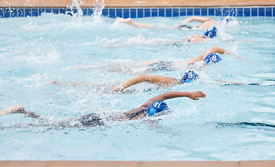 Image showing Sports, race or people in swimming pool or water for training, cardio workout or body fitness. Fast women, speed or healthy group of swimmers exercising to practice for endurance or exercise goals