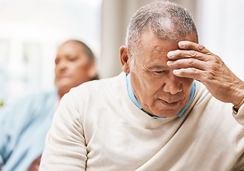 Image showing Thinking, doubt and divorce with old man on sofa with woman for breakup, anger and frustrated. Fight, mental health and crisis with elderly couple in living room at home for toxic, conflict and fail