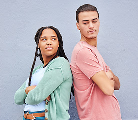 Image showing Disagreement, mad and angry with interracial couple and wall background for fight, problem and argument. Ignore, upset and conflict with man and black woman for difficult, disappointed and breakup