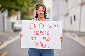 Image showing War protest, portrait and poster woman rally to stop Ukraine conflict, human rights support or global violence. Black student banner, city street or social justice warrior fight for government change