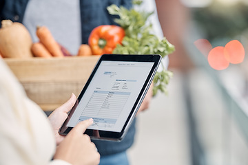 Image showing Tablet in hands, digital invoice and delivery man with small business stock, owner and supply chain with vegetables outdoor. Hospitality, organic product and woman does inventory check with tech