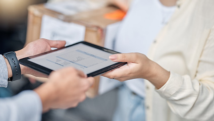 Image showing Delivery, invoice on tablet and hands with package, small business with owner, supplier and shipping service. Supply chain, product with man and woman, technology and digital paperwork with inventory