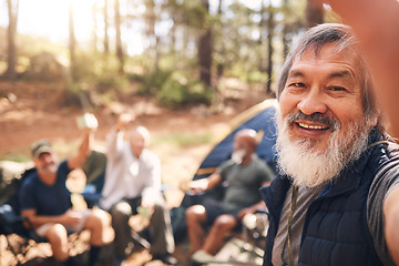 Image showing Camping, selfie and senior man with friends in nature taking pictures for happy memory. Asian, face portrait or group of elderly men take photo for social media after trekking hike outdoors at camp.