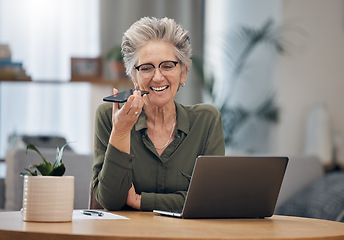 Image showing Senior female businesswoman, phone voice recording as a lawyer woman talking legal advice on mobile conversation in an office. Elderly and mature corporate employee with positive communication