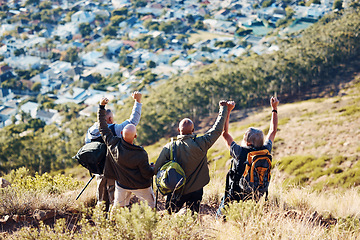 Image showing Hiking, city and success and old men on mountain for fitness, trekking and backpacking adventure. Explorer, discovery and expedition with friends mountaineering for health, retirement and journey