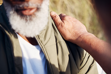 Image showing Support, trust and hand on shoulder by senior man that comfort elderly person outdoors in nature for mental health. People, help and pensioner friends on retirement in unity due to cancer