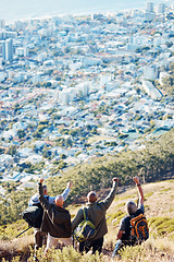 Image showing Hiking, success and group of old men on mountain for fitness, trekking or backpacking adventure. Challenge, celebration and expedition with friends mountaineering for health, retirement or journey