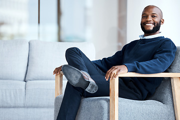 Image showing Job interview, waiting room and portrait of man in office building or recruitment, opportunity or career goal. Face, candidate and businessman sitting at startup company for hiring, employment or job