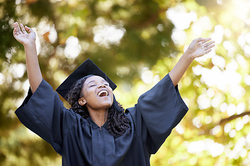 Image showing Black woman, graduate outdoor and excited for achievement, education and knowledge. African American female, girl and academic in gown, happiness and joyful for higher education or graduation outside