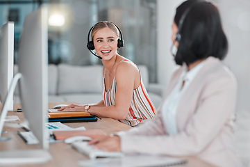 Image showing Telemarketing, teamwork and women talking in call center, office or company workplace. Customer service, collaboration and happy female sales agents, consultants or friends in communication or chat.