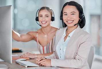 Image showing Woman, call center and portrait smile for telemarketing, customer support or agency service at office desk. Happy female consultants or agents smiling in contact us for desktop advice, help or sales