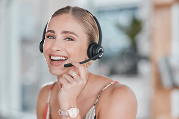 Image showing Woman, call center and portrait smile for consulting, telemarketing or customer support and service at office. Happy female consultant or agent smiling in contact us for desktop advice, help or sales