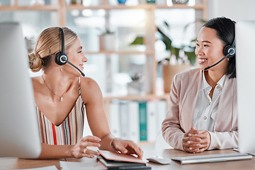 Image showing Call center, customer support and female consultants talking or helping with consultation online. Contact us, customer service and women telemarketing agents planning crm strategy together in office.