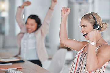 Image showing Woman, call center and team celebration for winning, promotion or sales bonus in telemarketing at the office. Happy female consultants celebrating victory, deal or teamwork success in contact us