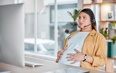 Image showing Office, pregnancy and woman doing breathing exercise and hands on stomach in call center with headset. Burnout, pain and pregnant telemarketing consultant holding belly while working on computer.