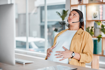 Image showing Office, pregnancy and woman with hand on stomach, exhausted, stress and pain in call center with headset. Burnout, pain and tired, pregnant telemarketing consultant doing breathing exercise at desk.