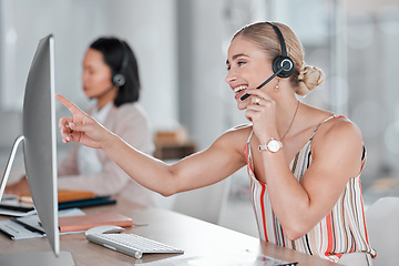 Image showing Woman, call center and computer with smile for telemarketing, customer support or service at office desk. Happy female consultant or agent smiling in contact us for desktop advice, help or sales
