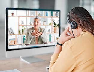 Image showing Headache, computer video call and woman in call center feeling pain, tired or sick. Telemarketing, mental health and female sales agent with depression, stress or migraine on online meeting in office